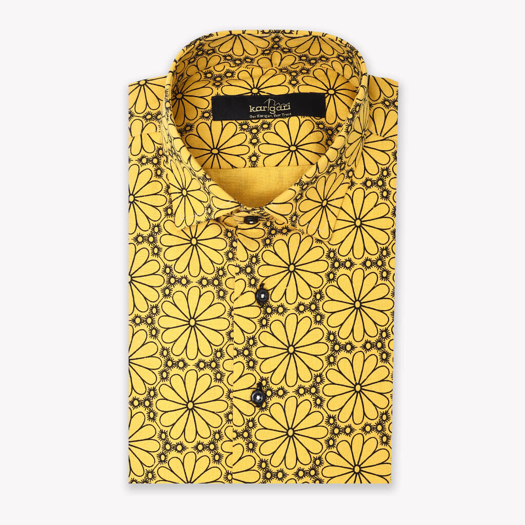 Vintage Yellow Floral Design Casual Shirt