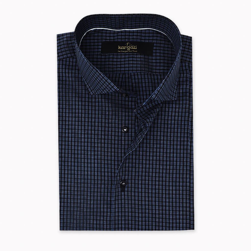 Black Shirt with Micro Blue and White Check Print