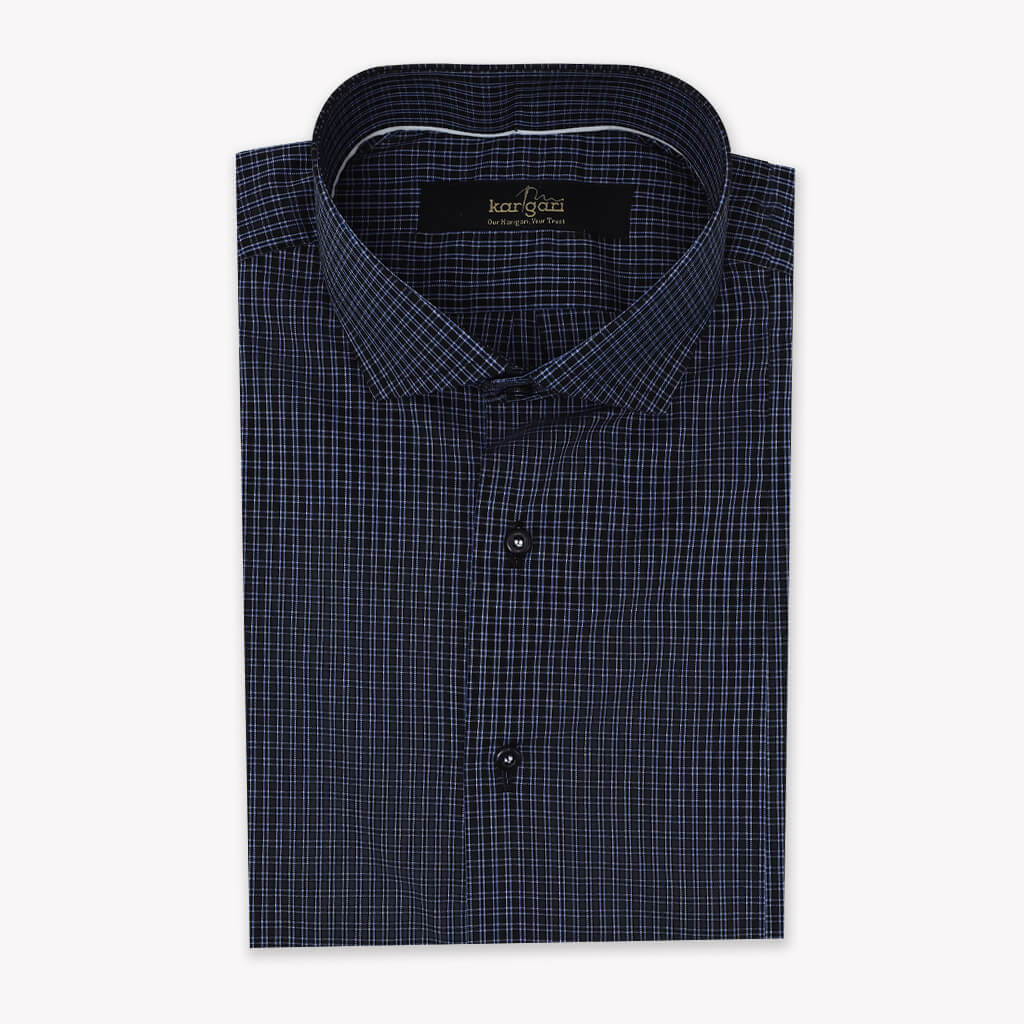 Black Shirt with Micro Blue and White Check Print