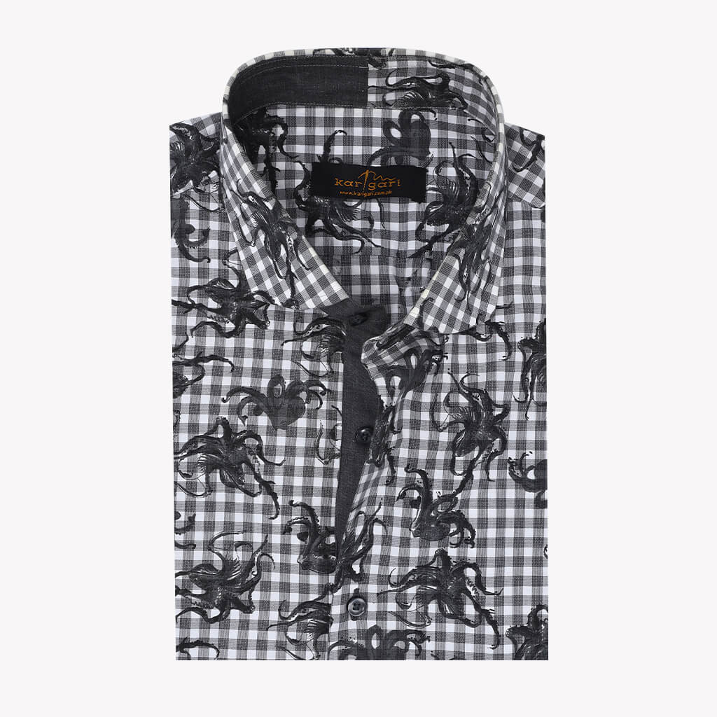 White Shirt with Grey Check Print