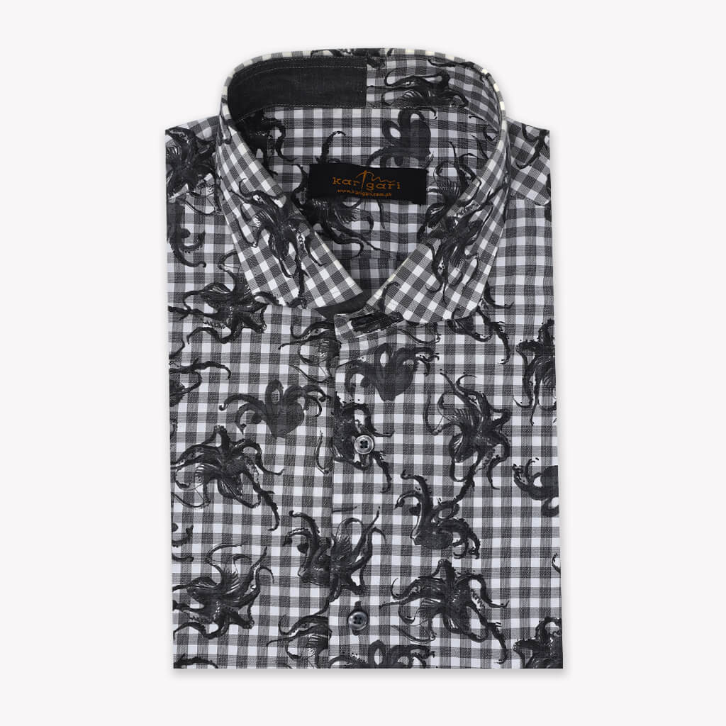 White Shirt with Grey Check Print