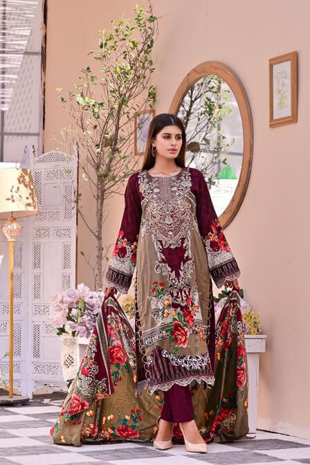 Dark Mehroon 3 piece Embroidered Lawn Suit - AAHANG