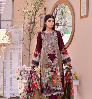 Dark Mehroon 3 piece Embroidered Lawn Suit - AAHANG