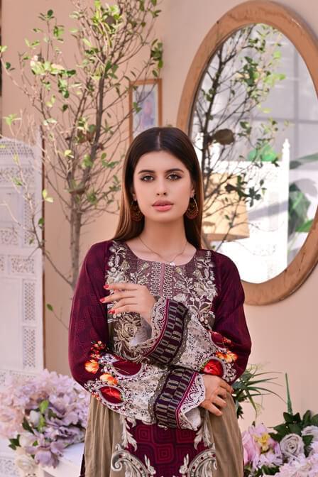 Dark Mehroon 3 piece Embroidered Lawn Suit - AAHANG