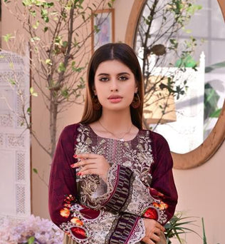 Dark Mehroon 3 piece Embroidered Lawn Suit - AAHANG