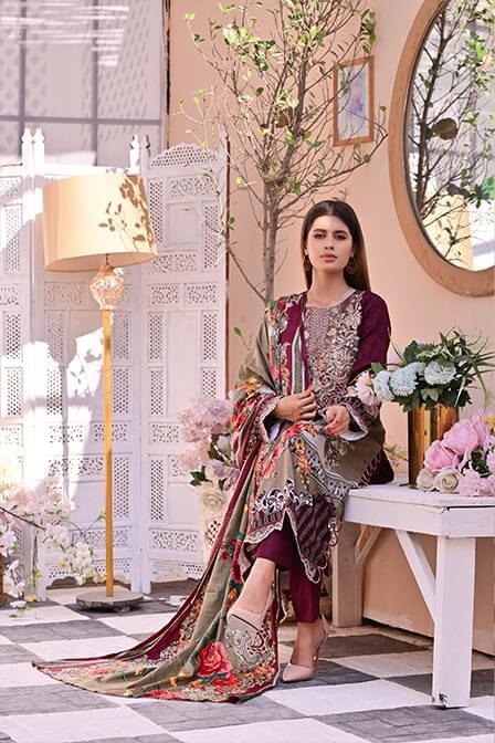 Dark Mehroon 3 piece Embroidered Lawn Suit - AAHANG