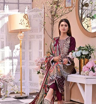 Dark Mehroon 3 piece Embroidered Lawn Suit - AAHANG