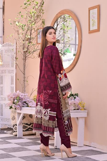 Dark Mehroon 3 piece Embroidered Lawn Suit - AAHANG