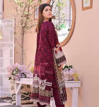 Dark Mehroon 3 piece Embroidered Lawn Suit - AAHANG