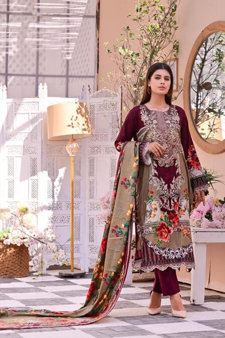 Dark Mehroon 3 piece Embroidered Lawn Suit - AAHANG