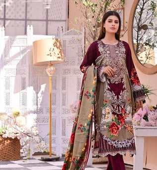 Dark Mehroon 3 piece Embroidered Lawn Suit - AAHANG