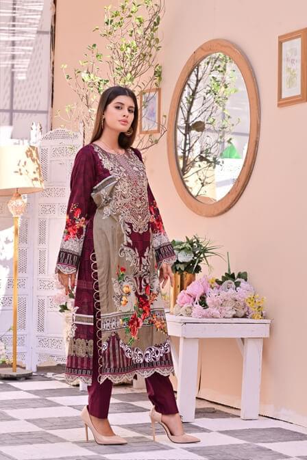 Dark Mehroon 3 piece Embroidered Lawn Suit - AAHANG