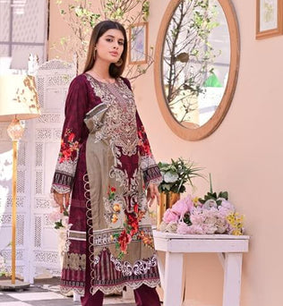 Dark Mehroon 3 piece Embroidered Lawn Suit - AAHANG