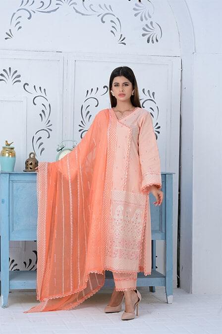 Angarkha Style lawn suit with embroidered dupatta - SURKHAAB