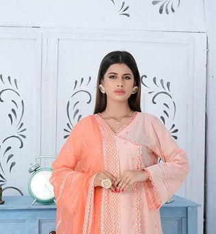 Angarkha Style lawn suit with embroidered dupatta - SURKHAAB