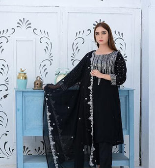 Black Embroidered Georgette Shirt With Matching Dupatta - SURKHAAB