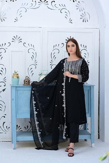 Black Embroidered Georgette Shirt With Matching Dupatta - SURKHAAB