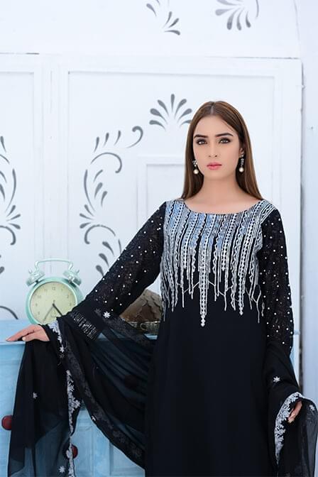 Black Embroidered Georgette Shirt With Matching Dupatta - SURKHAAB