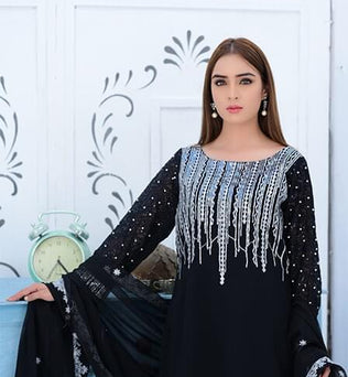 Black Embroidered Georgette Shirt With Matching Dupatta - SURKHAAB