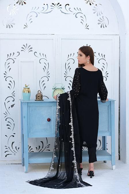 Black Embroidered Georgette Shirt With Matching Dupatta - SURKHAAB