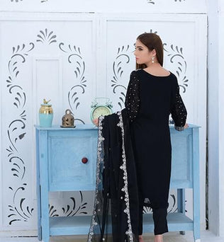 Black Embroidered Georgette Shirt With Matching Dupatta - SURKHAAB