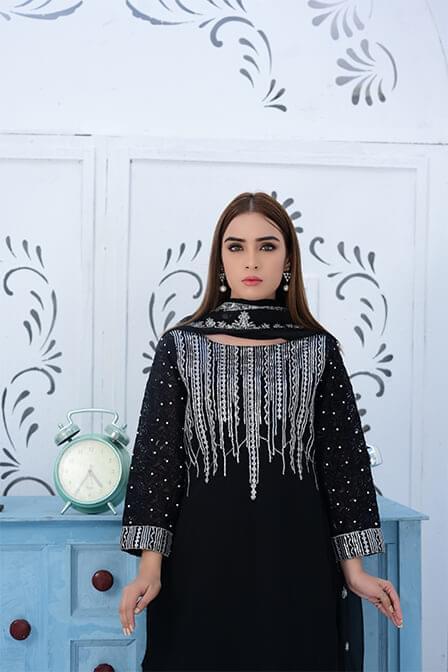Black Embroidered Georgette Shirt With Matching Dupatta - SURKHAAB