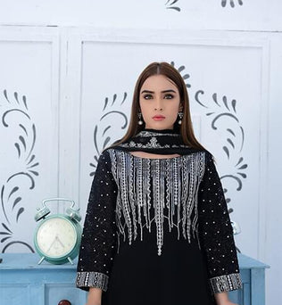 Black Embroidered Georgette Shirt With Matching Dupatta - SURKHAAB