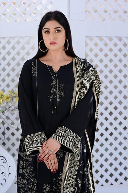 Black Embroidered Lawn Suit With Matching Dupatta - AAHANG