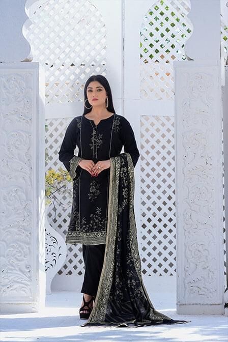 Black Embroidered Lawn Suit With Matching Dupatta - AAHANG