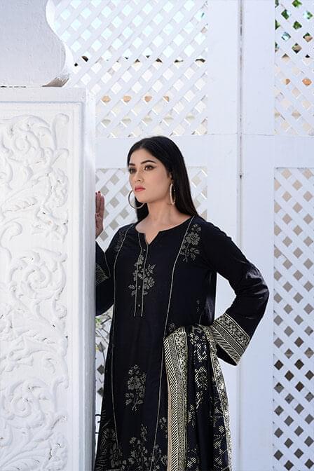 Black Embroidered Lawn Suit With Matching Dupatta - AAHANG