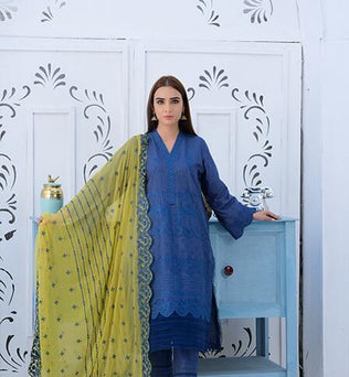 Blue Lawn Suit With Chiffon Dupatta - AAHANG