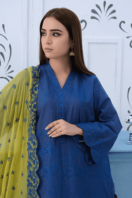 Blue Lawn Suit With Chiffon Dupatta - AAHANG