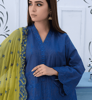 Blue Lawn Suit With Chiffon Dupatta - AAHANG