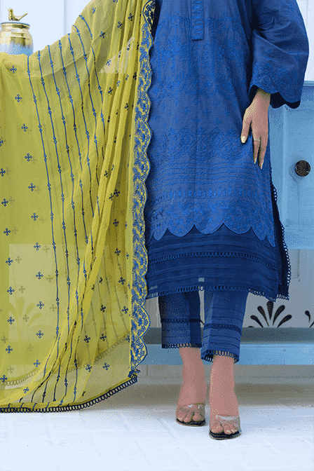 Blue Lawn Suit With Chiffon Dupatta - AAHANG