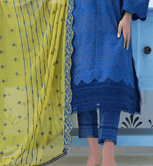 Blue Lawn Suit With Chiffon Dupatta - AAHANG