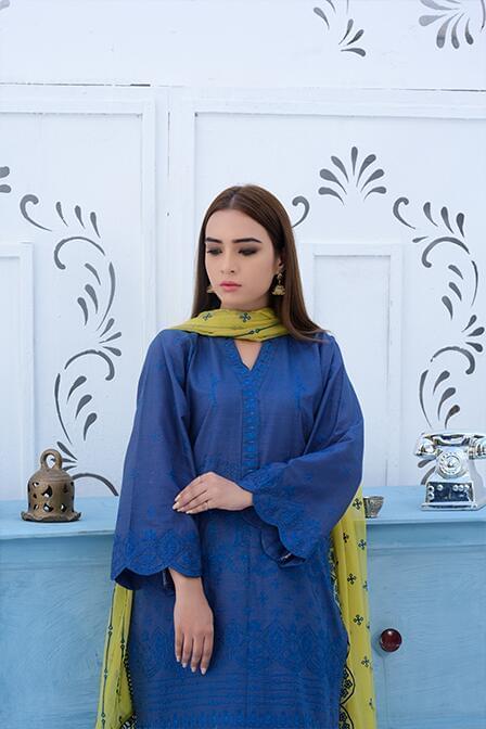 Blue Lawn Suit With Chiffon Dupatta - AAHANG