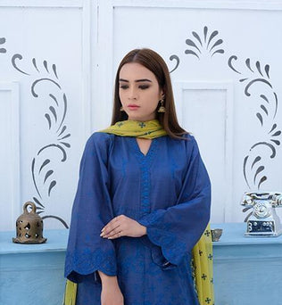 Blue Lawn Suit With Chiffon Dupatta - AAHANG