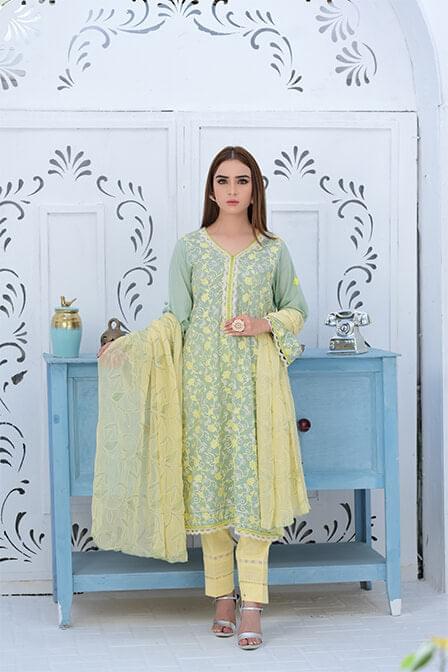 Fully Embroidered Chicken Shirt With Chiffon Dupatta - SURKHAAB