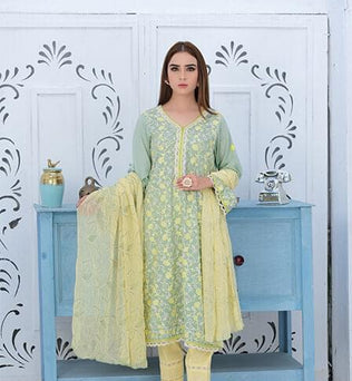 Fully Embroidered Chicken Shirt With Chiffon Dupatta - SURKHAAB