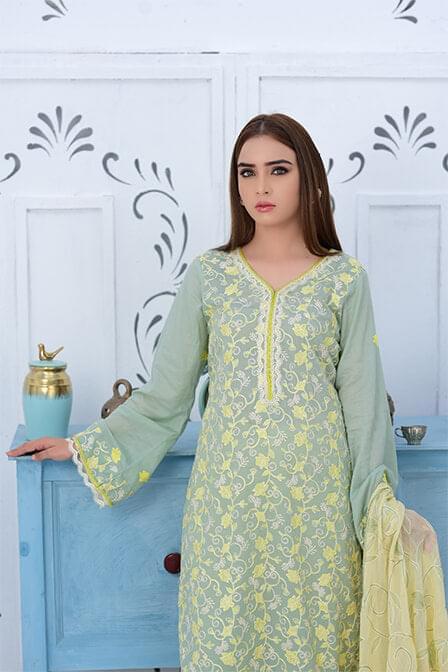 Fully Embroidered Chicken Shirt With Chiffon Dupatta - SURKHAAB