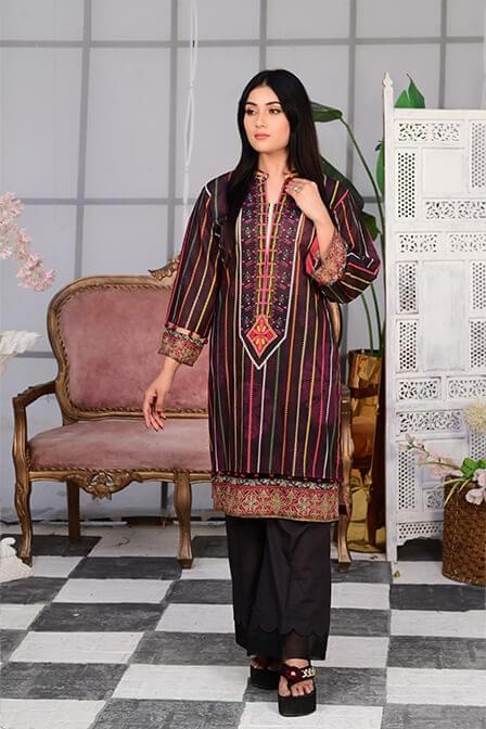 Stitched Kurti With Black Shalwar - AATISH