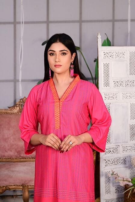 Pink Linen Lawn Suit With White Shalwar - AAHANG