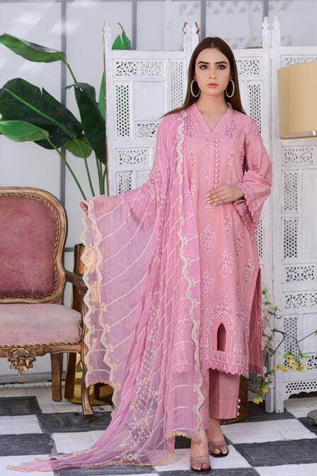 Pink Embroidered Masuri Lawn Dress  - SURKHAAB