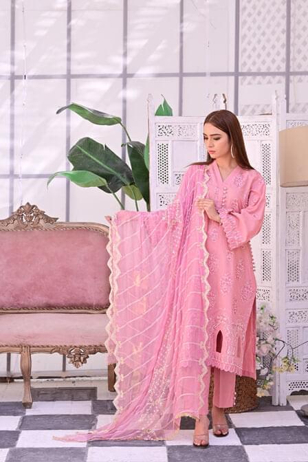 Pink Embroidered Masuri Lawn Dress  - SURKHAAB