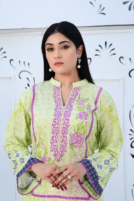 Stitched Embroidered Kurti With Printed Voile Dupatta - AAHANG