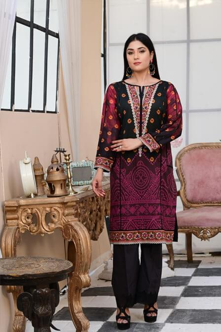 Fully Printed Stitched Kurti With Black Trouser- SURKHAAB