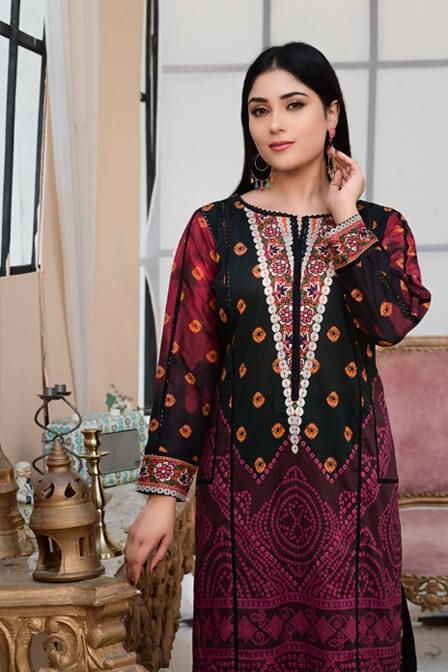 Fully Printed Stitched Kurti With Black Trouser- SURKHAAB