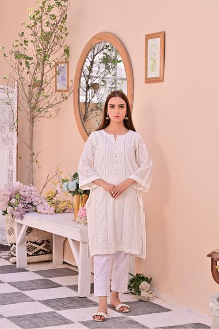 White Chicken Suit With Cotton Trouser - SURKHAAB