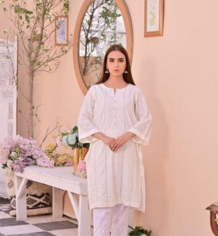 White Chicken Suit With Cotton Trouser - SURKHAAB